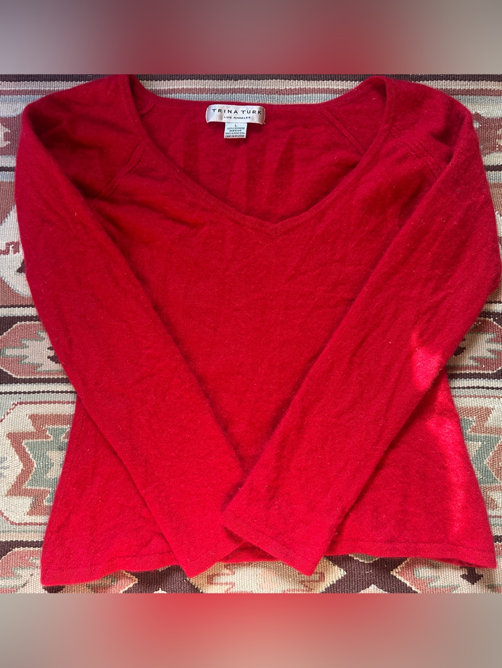 100% cashmere cherry red pullover v-neck sweater by Trina Turk